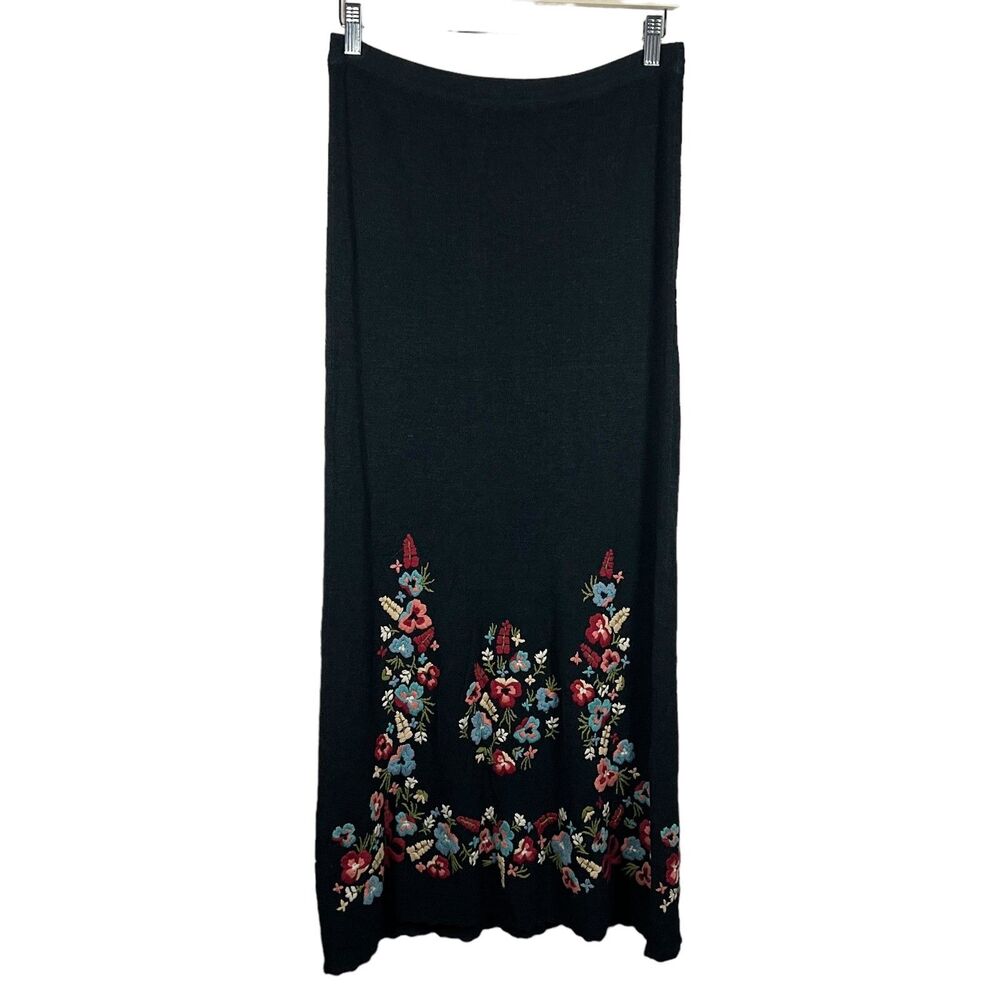 Double D Ranch Womens Embroidered Maxi Skirt XS Black Floral Linen Western